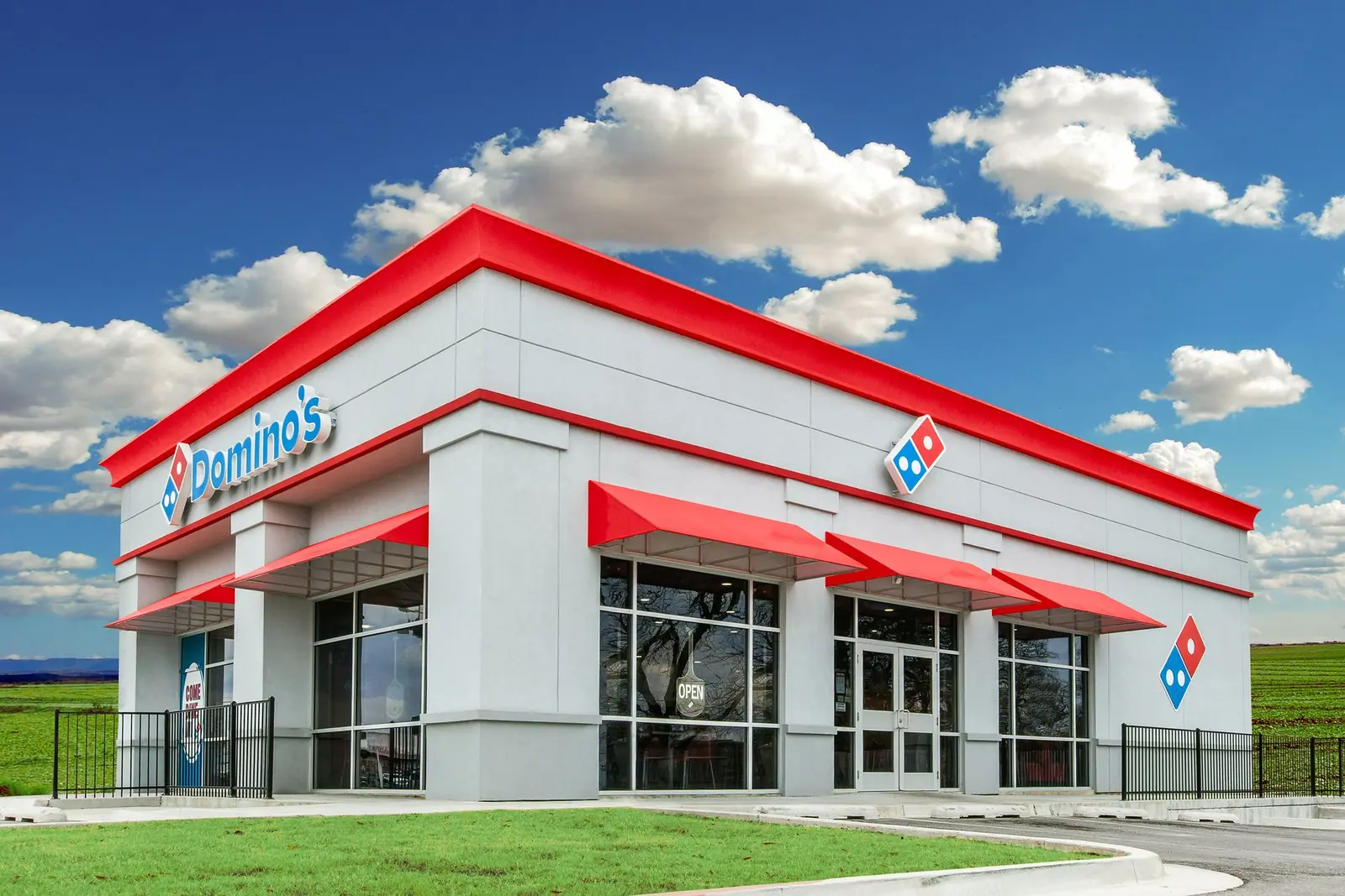 Finished Domino's Pizza restaurant with red awnings